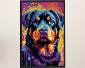 May include: A colorful abstract painting of a Rottweiler dog's head. The dog's fur is painted in shades of blue, purple, and orange, with splashes of yellow and green paint.