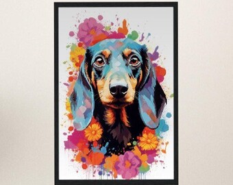 Impresión de cartel de Dachshund de acuarela, pintura abstracta floral colorida, regalo de arte de pared de animales para amantes de los perros, mamá Doxie, papá, pintura de salpicaduras