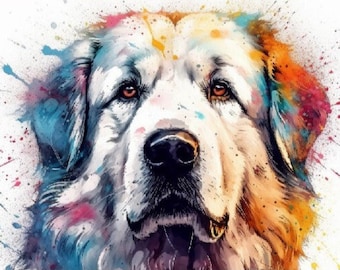 Póster de acuarela del majestuoso Gran Pirineo. Regalo colorido para amantes de los perros, mamá y papá de los Pirineos. Pintura con salpicaduras de acuarela.