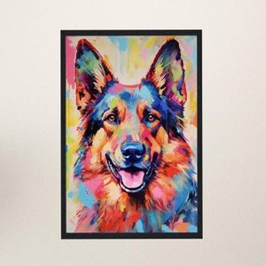 Multi-color German Shepherd Poster Print. Colorful Rainbow Watercolor Animal Wall Art Gift for Dog Lovers, GSD Mom, Dad. Watercolour