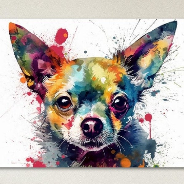 Poster aquarelle chihuahua | Cadeau d'art mural coloré pour les amoureux des chiens, maman ou papa amoureux des chihuahuas