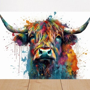 Adorable Highland Cow Poster | Colorful Watercolor Farm Animal Gift for wildlife Lover, Mom, Dad, Farmer