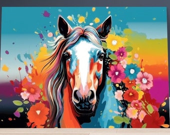 May include: A colorful painting of a horse's head with a white face and a blue, orange, and red mane. The horse is surrounded by colorful flowers and splashes of paint.