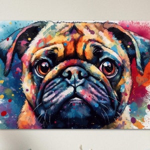 Bunter Mops Poster Print. Hundedekor, Aquarell Wandkunst Geschenk für Hundeliebhaber, süßes Mopsbild. Aquarell Farbspritzer