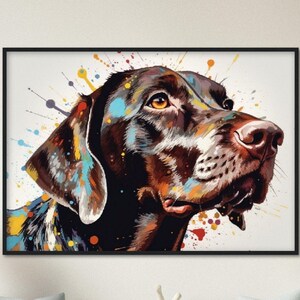 May include: A colorful abstract painting of a brown dog's head with splashes of paint in the background.