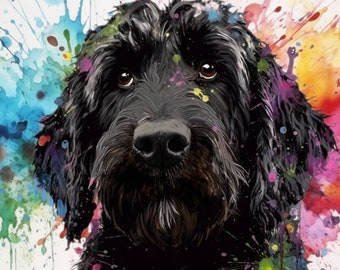 Plakat Black Labradoodle - Poziomy lub kwadratowy. Kolorowy prezent akwarelowy, prezent dla mamy Doodle. Czarny Goldendoodle, Ausiedoodle