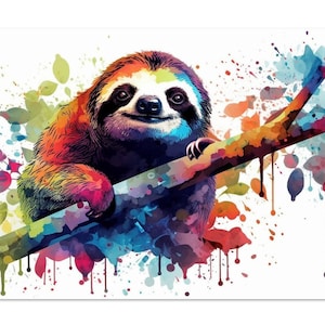 Impresión de póster de perezoso feliz: colorido regalo de pintura de acuarela arcoíris de arte pop para los amantes de los perezosos de 3 dedos. Regalo para hermano, hermana, mamá, papá.