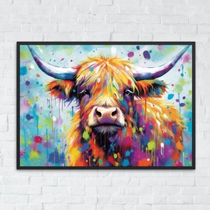 Shaggy Highland Cow Poster. Rainbow Animal Wall Art Floral Print. Gift for cow lover farmer mom. Nursery Print, Bedroom Bathroom Office Art