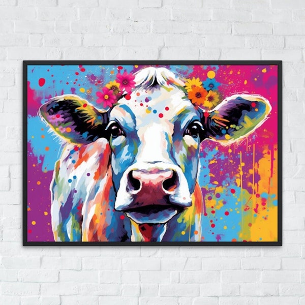 Affiche colorée de vache. Art mural animal arc-en-ciel, imprimé floral. Cadeau pour maman agricultrice qui aime les vaches Jerseys. Impression de chambre d'enfant, oeuvre d'art pour le bureau de la salle de bain de la chambre à coucher