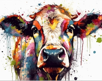 Adorabile poster di mucca / Arte murale ad acquerello colorata e vivace per cameretta, bagno e soggiorno. Regalo di animali da fattoria per contadini. Muuuuu!