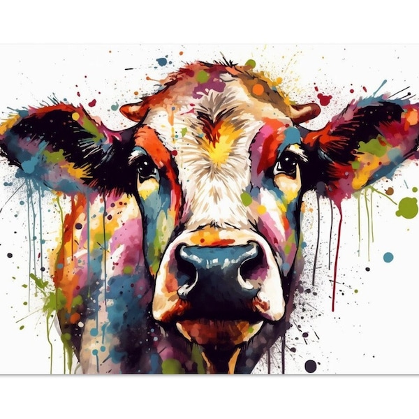 Impression d'affiche de vache adorable. Art mural coloré à l'aquarelle pour chambre d'enfant, chambre d'enfant, salle de bain, salon. Cadeau animal de ferme pour agriculteur. Meuuuuuuuuuuuuu :