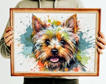 Cartel de Yorkshire Terrier de acuarela / Regalo colorido de arte de pared para los amantes de los perros, linda pintura de Yorkie para mamá o papá