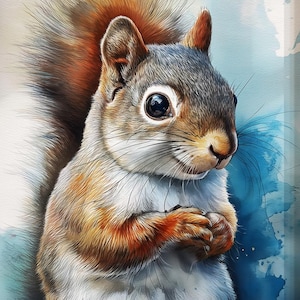 Tela o poster con scoiattolo carino. Stampa ad acquerello, coda folta grigia, quadro da appendere alla parete, decorazione con animali, creatura del bosco.