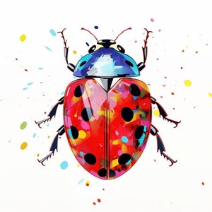 Impresión de arte colorido de mariquita abstracta, cartel de pintura de mariquita, regalo de arte de pared de animales multicolor, escarabajo mariquita mariquita, arte animal de jardín