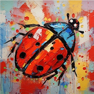 Impresión de arte colorido de mariquita abstracta, cartel de pintura de cuchillo de paleta de mariquita, regalo multicolor, escarabajo mariquita mariquita, arte animal de jardín