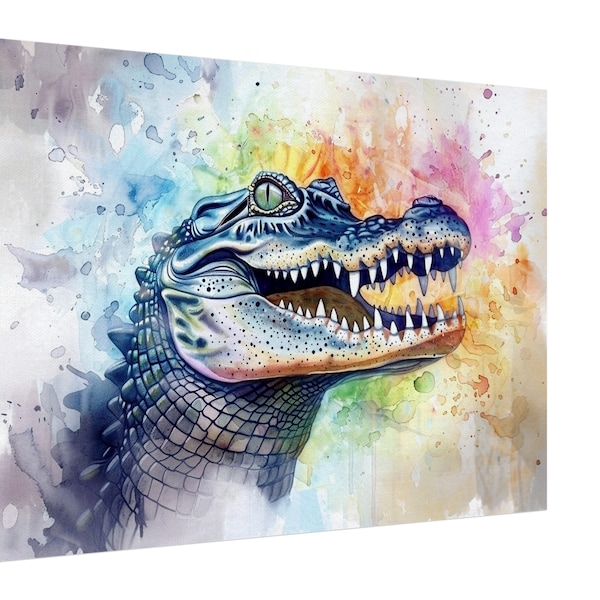 AHHH! Watercolour Crocodile Canvas. Unique Multicolour Reptile Painting Print Safari Animal Decor Gift for Big Croc Lovers Paint Splash Art