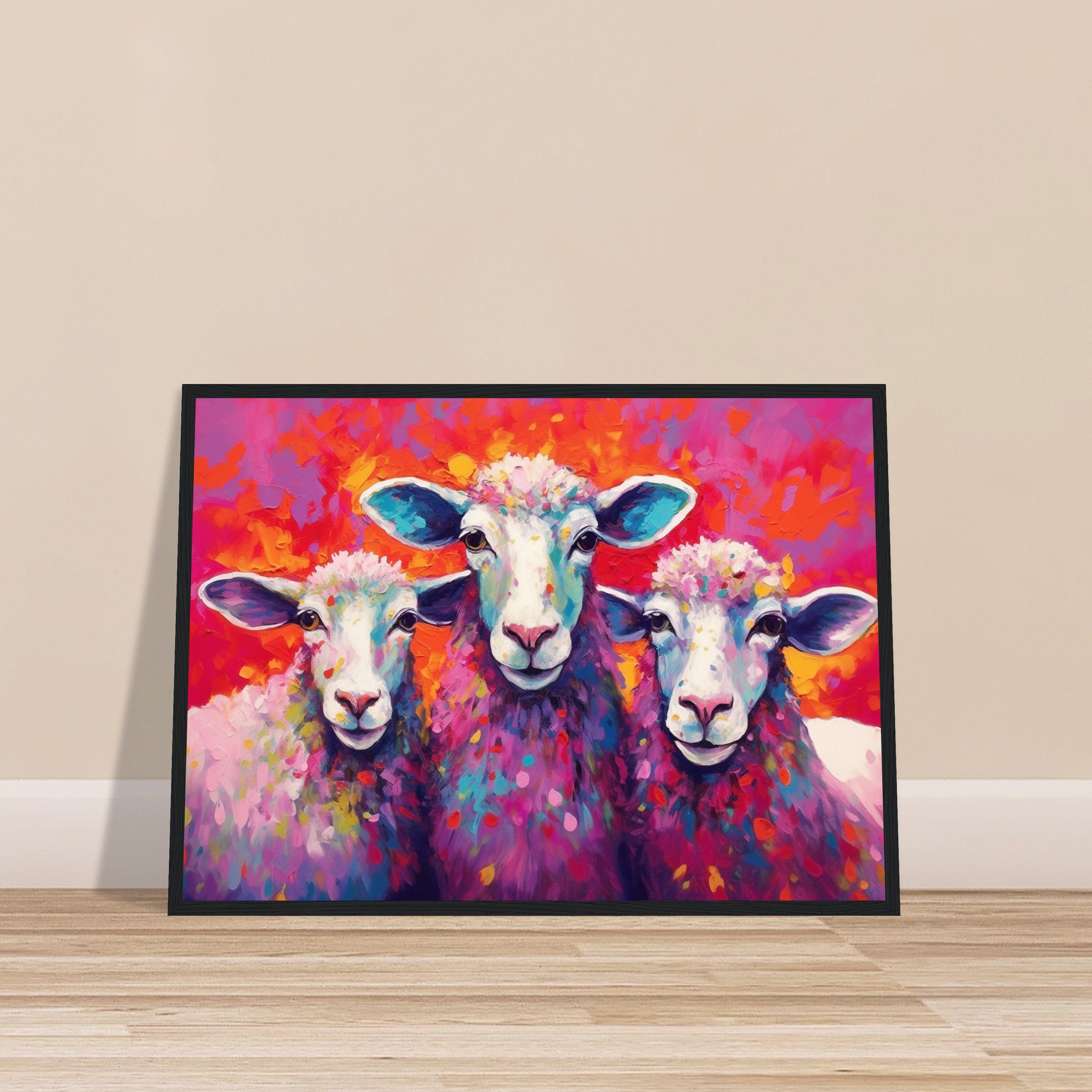 Three Colorful Sheep Framed Art - Colorful Animal Wall Art Print