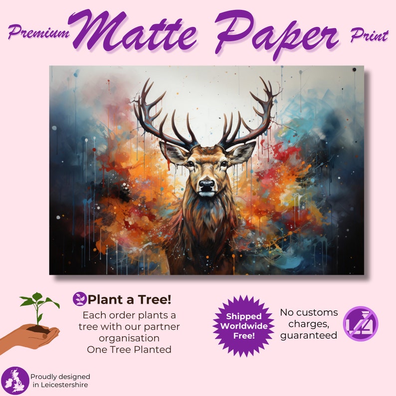 May include: A colorful abstract painting of a deer with large antlers. The background is a mix of blue, orange, and yellow colors. The painting is printed on matte paper.