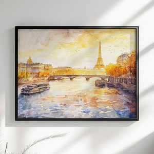 Paris France Eiffel Tower River Siene Canvas / Poster Print. Watercolour French Cityscape Travel Wall Decor Abstract Watercolor Autumn Gifts