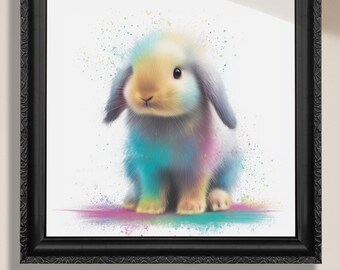 Könnte beinhalten: Ein gerahmter Druck mit einem Aquarellgemälde eines flauschigen Kaninchens. Das Kaninchen hat eine Mischung aus Pastellfarben, darunter Blau, Gelb und Rosa. Das Kunstwerk ist vor einem weißen Hintergrund mit bunten Farbspritzern angeordnet. Der Rahmen ist schwarz, und der Text "Canvas or Paper Print" steht unten.