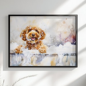 May include: A watercolour painting of a brown dog with white fur, smiling and looking at the camera. The dog is in a bath with white bubbles and water.