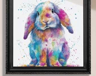 Watercolor Bunny Art Print Canvas / Unframed. Cute Rabbit Woodland Animal Wall Decor Paint Splash Forest Nursey Kids Room Painting Gift