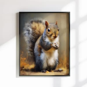 Tela o poster di scoiattolo carino. Stampa di pittura a olio, amante della noce grigia con coda folta, quadro dipinto da appendere alla parete, decorazione animale, creatura del bosco