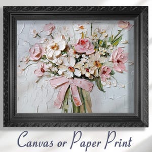 Coquette Flowers - Stampa su tela / senza cornice. Impasto Fiori di campo Fiocco rosa, Quadro da parete, Quadro con bouquet di margherite e fiori di campo, Poster, Quadro, Regalo
