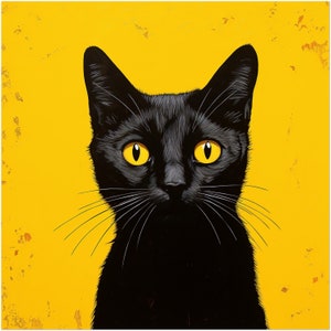 Zwarte Kat op Oranje Geel - Ingelijste Premium Poster Print - Grappig Badkamer Decor, Kleurrijke Opvallende Cat Lover Gift. Le Chat Noir
