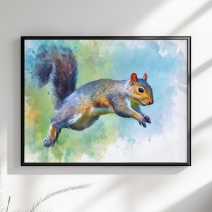 Tela o poster di scoiattolo carino. Stampa di pittura ad acquerello, amante della noce grigia con coda folta, dipinto su tela, da appendere alla parete, animale, creatura del bosco