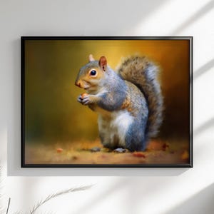 Tela o poster di scoiattolo carino. Stampa di pittura a olio, amante della noce grigia con coda folta, quadro dipinto da appendere alla parete, decorazione animale, creatura del bosco