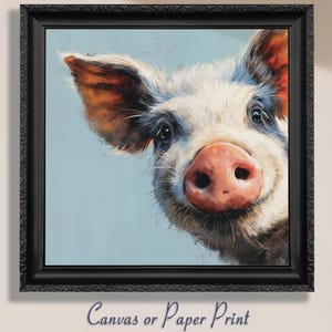 Cute Piglet Art Print Canvas / Unframed. Beautiful Blue Wall Decor, Colorful Farm Animal Wall Art Painting Farmer Gift Idea Nursery Picture