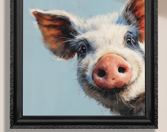 Cute Piglet Art Print Canvas / Unframed. Beautiful Blue Wall Decor, Colorful Farm Animal Wall Art Painting Farmer Gift Idea Nursery Picture