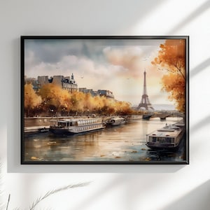 Paris France Eiffel Tower River Siene Canvas / Poster Print. Watercolour French Cityscape Travel Wall Decor Abstract Watercolor Autumn Gifts