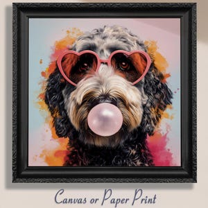 Divertente stampa di Labradoodle su tela Bubble Gum / Senza cornice. Regalo per proprietari di cani, Golden Doodle Trendy, immagine di Labradoodle, ritratto di animali domestici con schizzi di vernice.
