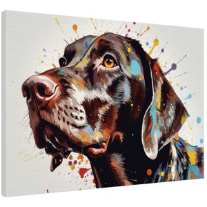 May include: A close-up of a brown dog's face with colourful paint splatters in the background. The dog is looking up and to the right. The paint splatters are in various colours, including red, yellow, blue, green, and purple.
