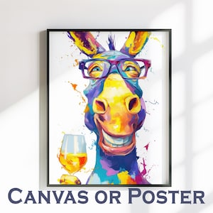 Esel mit Wein Leinwand oder Poster. Lustige Malerei Druck Tier Dekor große Küche Wandbild Regenbogen Farbe platsch, Maultier Liebhaber Geschenk, Mutter