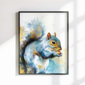 Tela o poster con scoiattolo carino. Stampa ad acquerello, coda folta grigia, quadro da appendere alla parete, decorazione con animali, creatura del bosco.