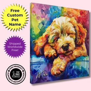 May include: A colorful watercolor painting of a sleeping dog with the name "Max" written below. The dog is a light brown color with a fluffy coat and is lying on its side with its head resting on its paws. The background is a vibrant mix of colors, including blue, green, yellow, orange, and purple.