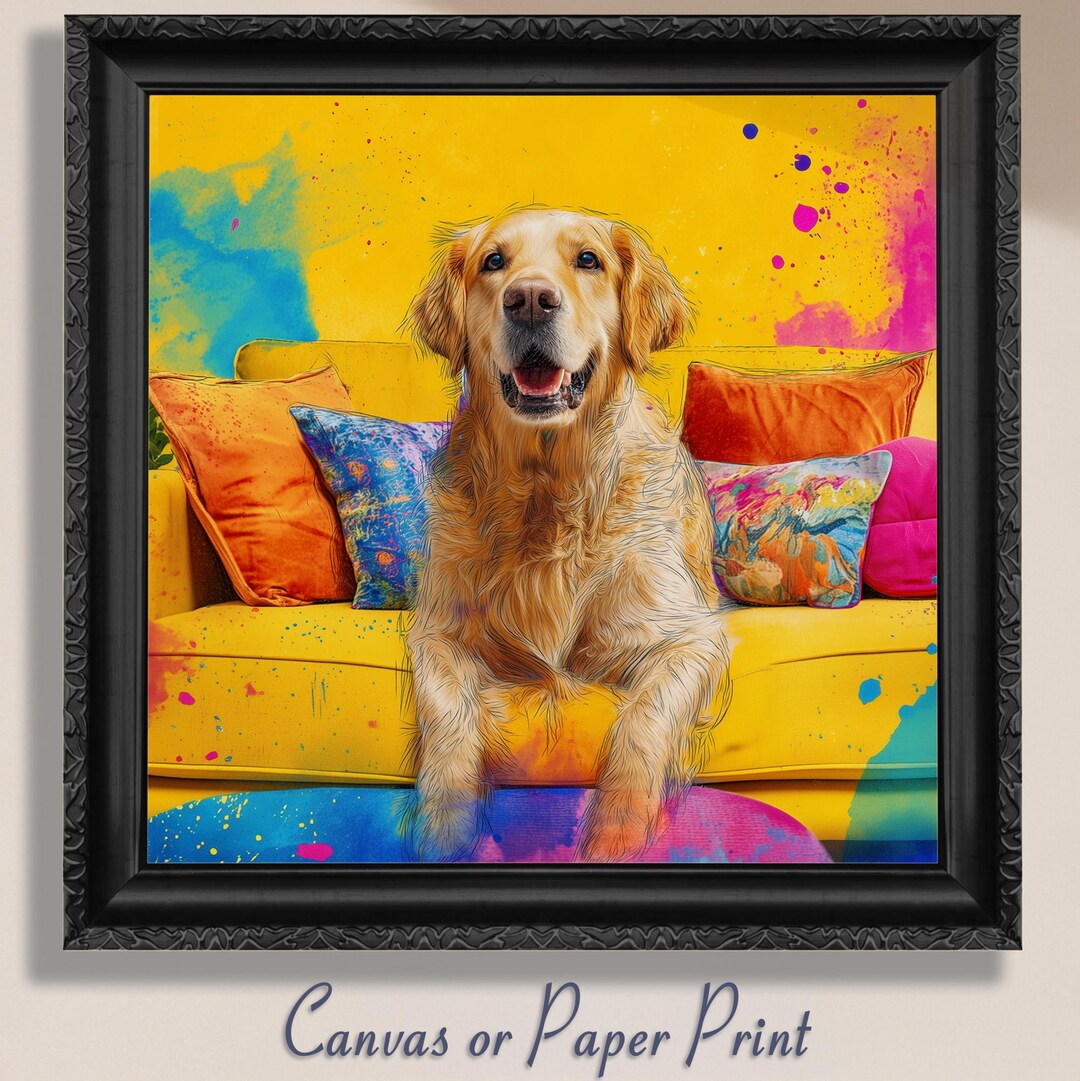 Golden Retriever Wall Art Print, Canvas Dog Painting, Colorful Pet