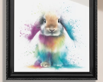 Könnte beinhalten: Ein gerahmter Druck mit einem Aquarellgemälde eines Kaninchens mit langen, hängenden Ohren. Das Kaninchen hat ein braunes und hellbraunes Gesicht, und sein Fell ist mit leuchtenden Regenbogenfarben bemalt. Der Text "Canvas or Paper Print" steht unten.