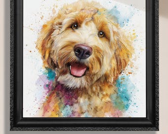 Puede incluir: Una impresión enmarcada en acuarela de un perro golden doodle con una expresión feliz. El perro tiene pelaje marrón claro, una nariz rosada y una lengua rosada. El fondo presenta salpicaduras de acuarela coloridas. El marco es negro y el texto "Canvas or Paper Print" está en la parte inferior.