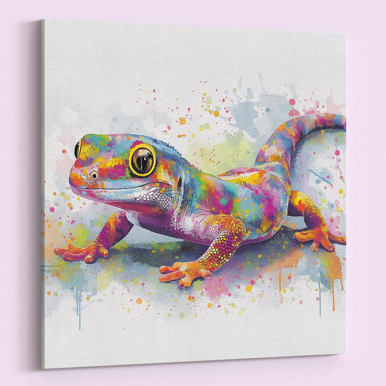 May include: A vibrant watercolor painting of a gecko. The lizard is depicted in a spectrum of colors, including blue, yellow, orange, and pink. Splatters of paint surround the gecko, creating a dynamic and artistic effect. The artwork is on a white canvas.