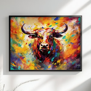Charging Bull Poster Print. Vibrant Colourful Farm Animal Wall Decor Gift for Farmer, Dad, Grandad, Matador. Farmhouse Art, Paint Splash