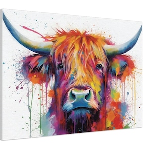 Colorful Highland Cow Canvas Wall Art Print Picture for Farmers, Countryside Home Office, Living Room Decor, Mom. Farm Art