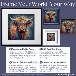Highland Cow Canvas o stampa incorniciata/senza cornice. Un dipinto unico multicolore di una mucca scozzese. Regali di decorazioni murali da fattoria colorate per contadini, mamme immagine 4