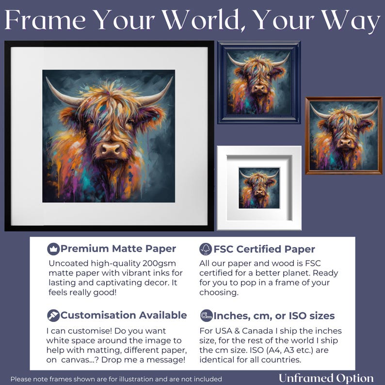 Highland Cow Canvas o stampa incorniciata/senza cornice. Un dipinto unico multicolore di una mucca scozzese. Regali di decorazioni murali da fattoria colorate per contadini, mamme immagine 4
