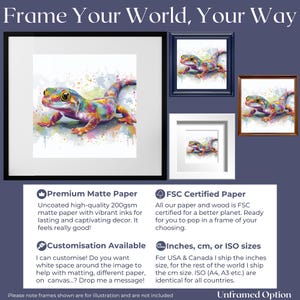 May include: A colorful lizard art print in a variety of frames. The lizard is depicted with vibrant watercolor-style paint. The text "Frame Your World, Your Way" is at the top. The print is available in inches, cm, or ISO sizes.