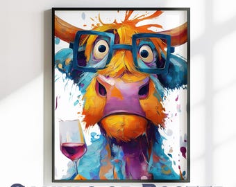Highland Cow with Wine Canvas Or Poster. Funny Painting Print Animal Glasses Decor Large Kitchen Wall Picture Rainbow Abstract Paint Splash