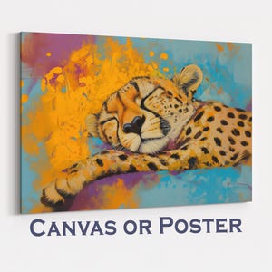 Dreaming Cheetah Canvas Or Poster. Maximalist Painting Print Animal Wall Art, Large Kitchen Wall Picture, Teal African Savannah Decor